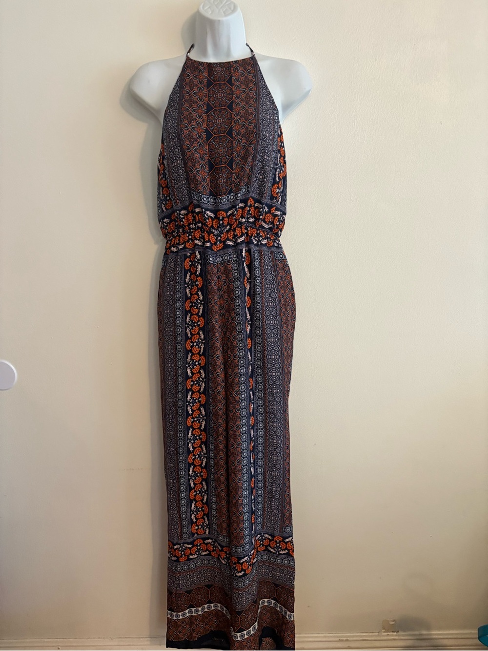 Crystal sky Boho Strapless jumpsuit Dress in Navy and Orange Floral Print size 9